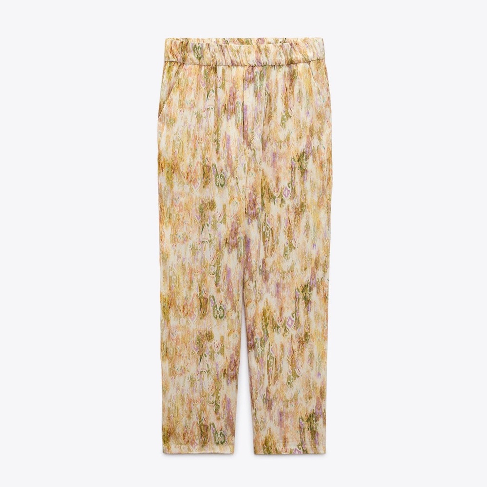2 Piece SET Zara Pastel Yellow Metallics Shiny Printed Pants Blouse L XL - Picture 11 of 12